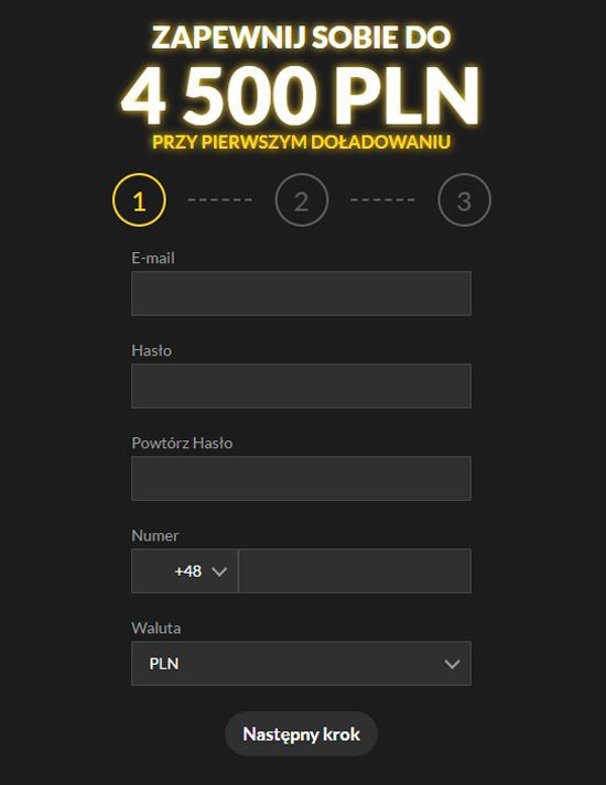 Formularz rejestracyjny w Loki Casino - etap 1 Rejestracja nowego konta