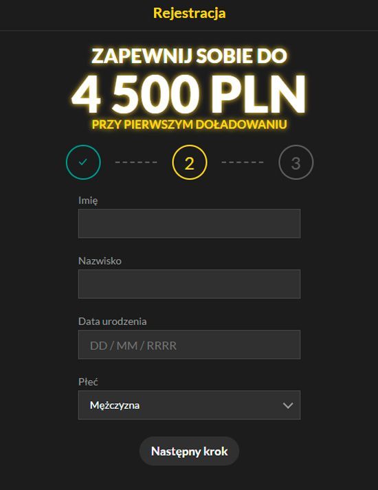 Formularz rejestracyjny w Loki Casino - etap 2 Dane osobowe graczy