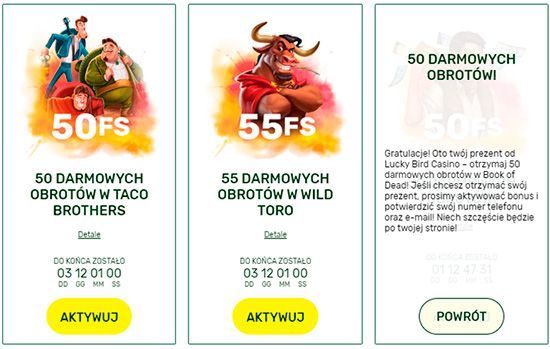 Pakiet darmowych obrotów w Lucky Bird Casino Aktywacja darmowych zakręceń do automatu Book of Dead