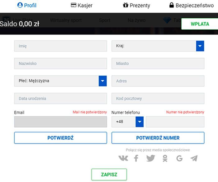 Rejestracja nowego konta Formularz rejestracyjny w Slottica Casino