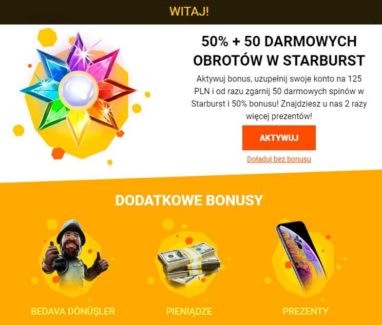 Pakiet powitalny w Spinamba Casino Prezent powitalny za rejestrację w kasynie Spinamba