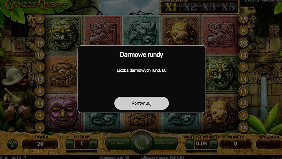 Darmowe rundy do slotu Gonzo's Quest 60 free spinów za darma do automatu Gonzo's Quest